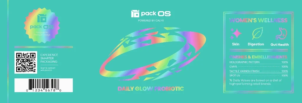 The DAILY GLOW PROBIOTIC wrap label, printed on holographic film
