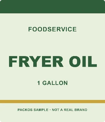 FRYER OIL sample: a 6 × 7 in rounded label for a foodservice jug